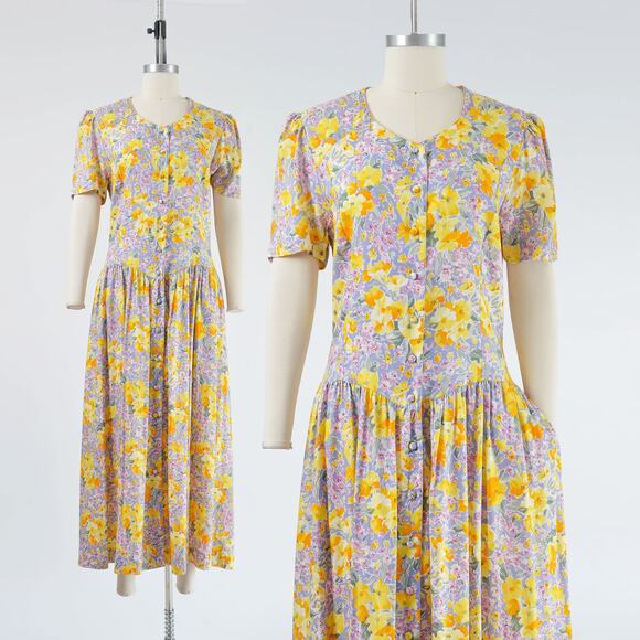 Vintage 90s Floral Button Front Puff Sleeve Drop Waist Maxi Dress with Pockets - Picture 2 of 9